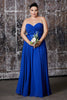 Strapless chiffon a-line dress with gathered bodice and sweetheart neckline.