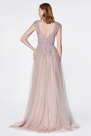 Mauve Flowy A-line tulle gown with cap sleeve and lace bodice.