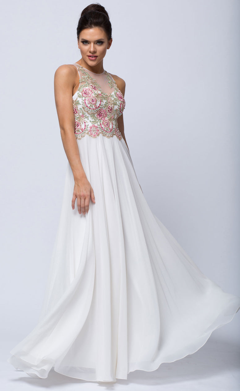 SLEEVELESS FLORAL ACCENT BEADED TOP LONG PROM DRESS