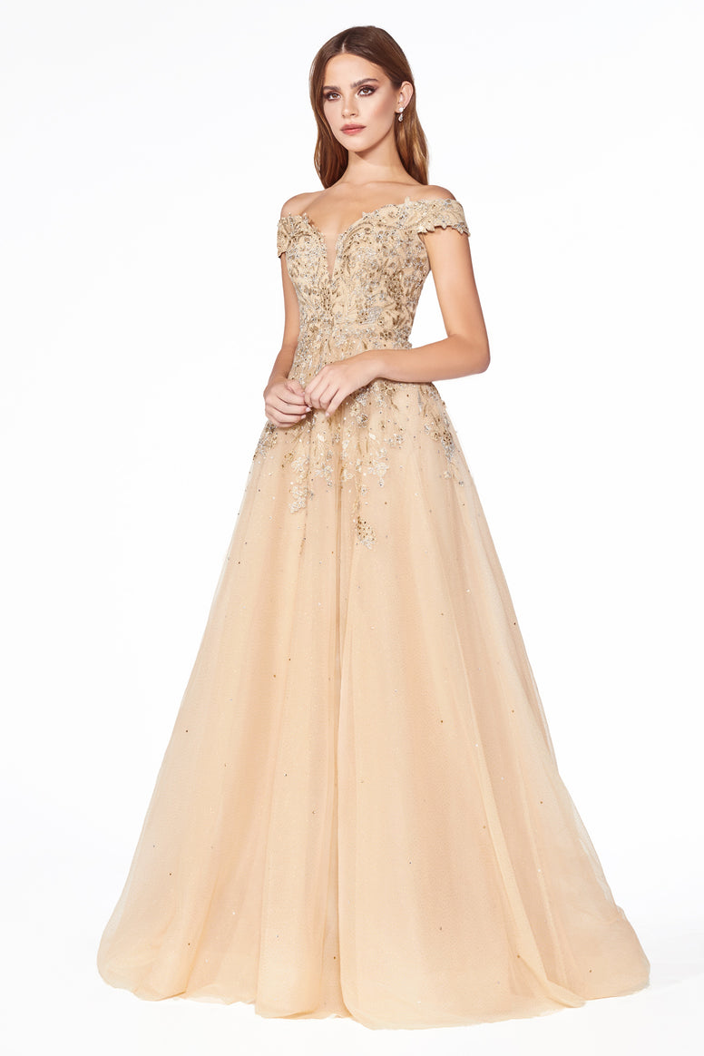 Off the shoulder ball gown with lace applique and lace up corset back.